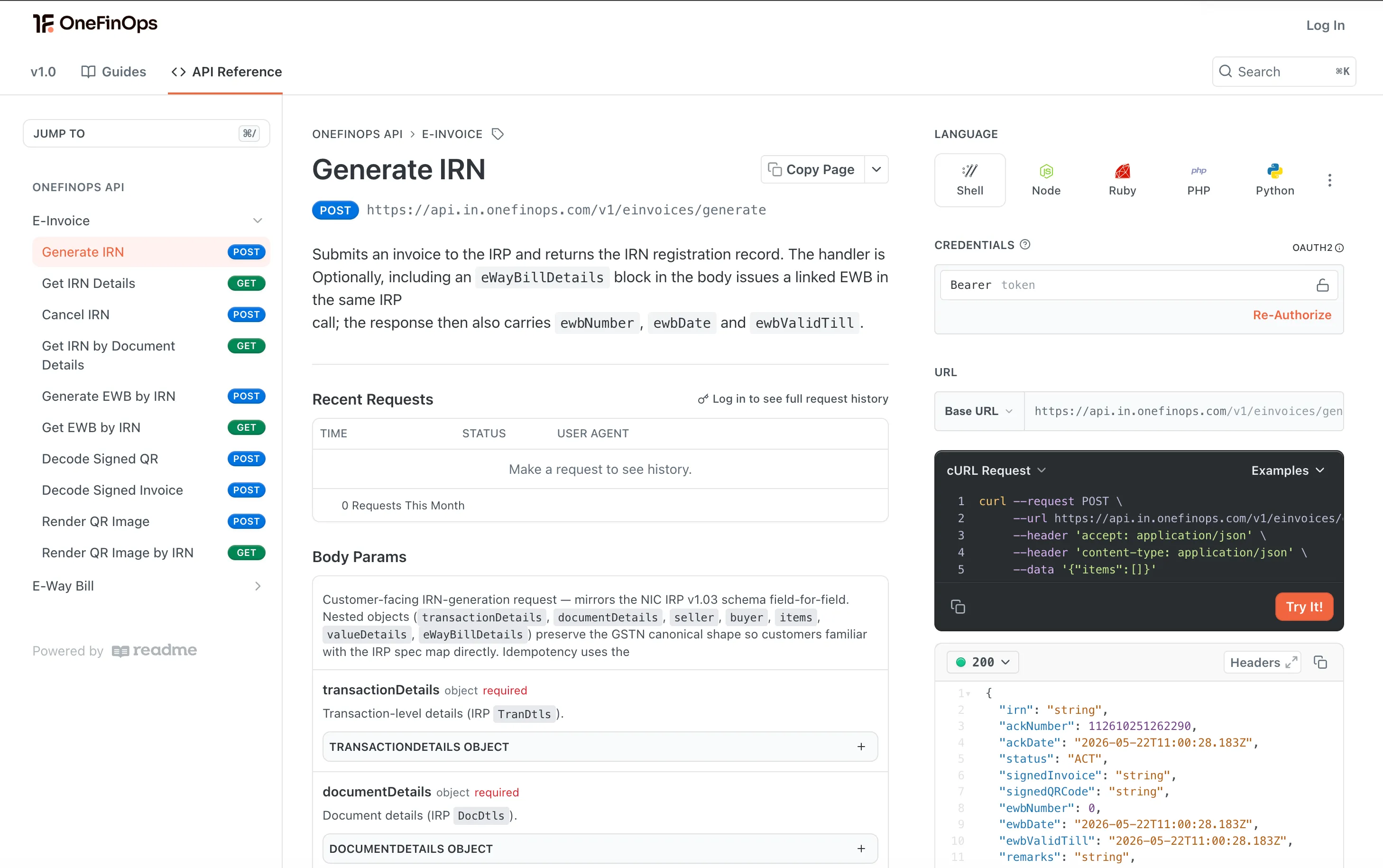 OneFinOps API reference — Generate IRN endpoint