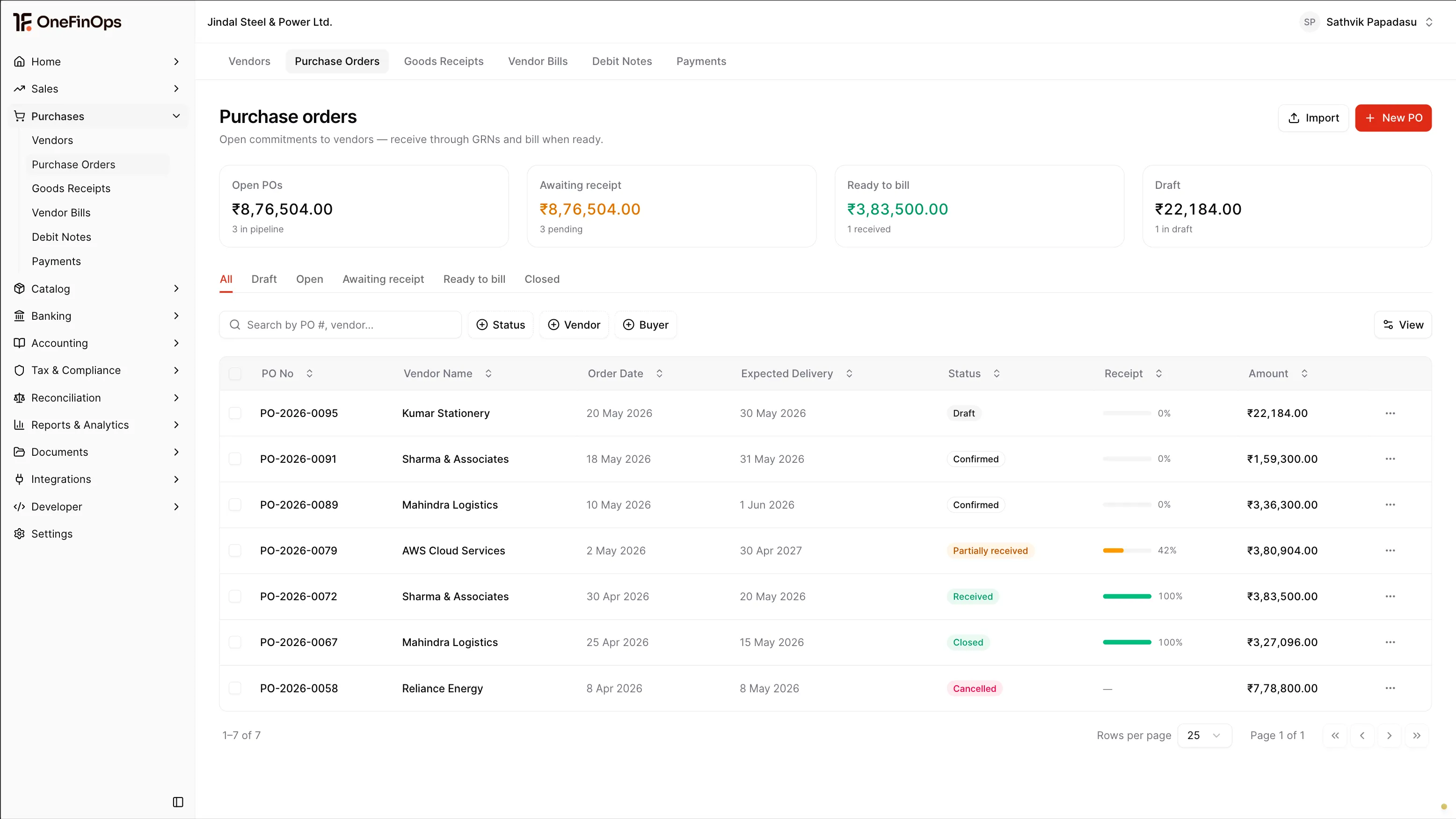 Procurement dashboard showing purchase orders, GRNs, three-way match queue and vendor compliance status.