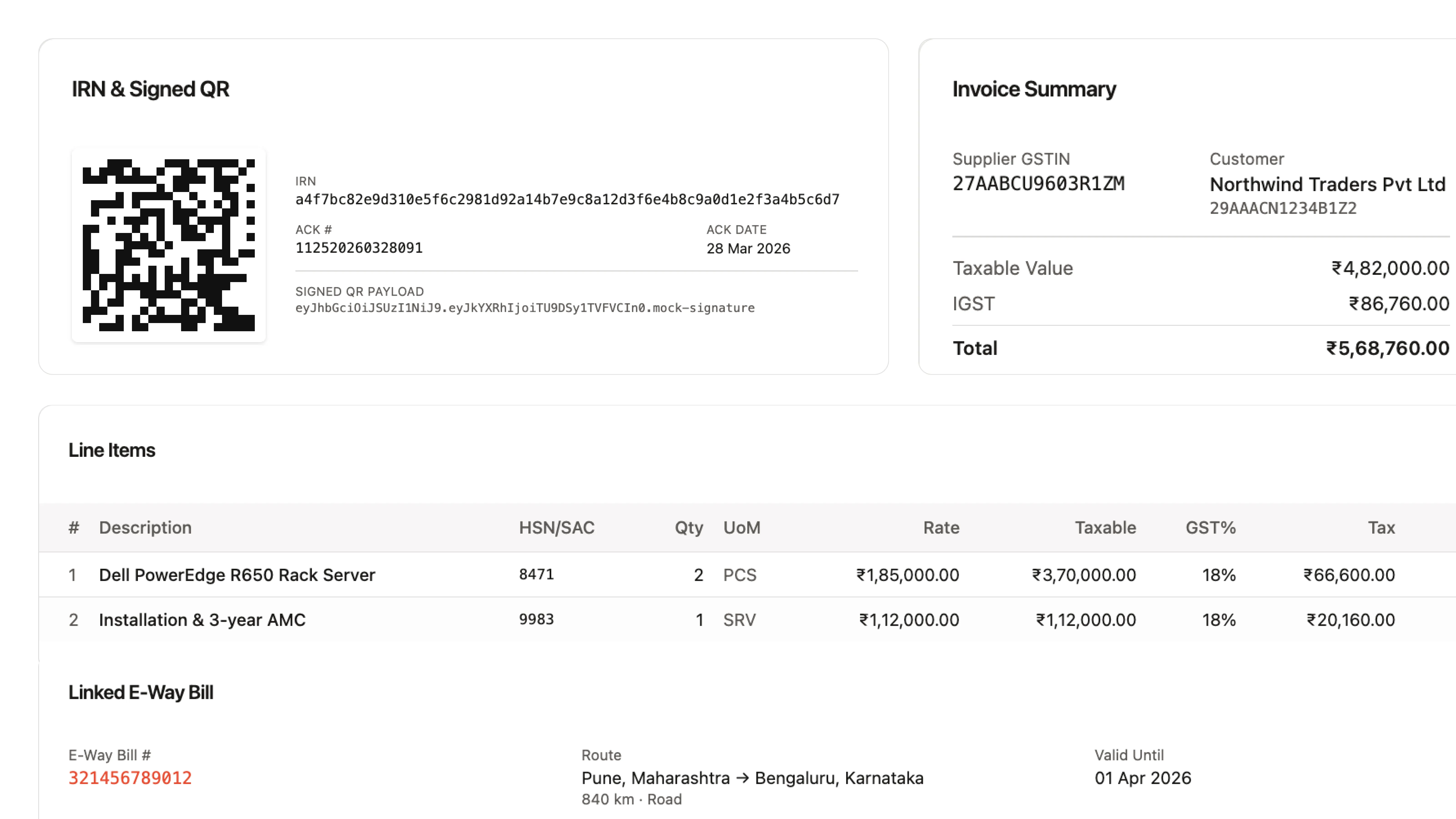 GST invoice generation with IRN and live receivables on a customer record