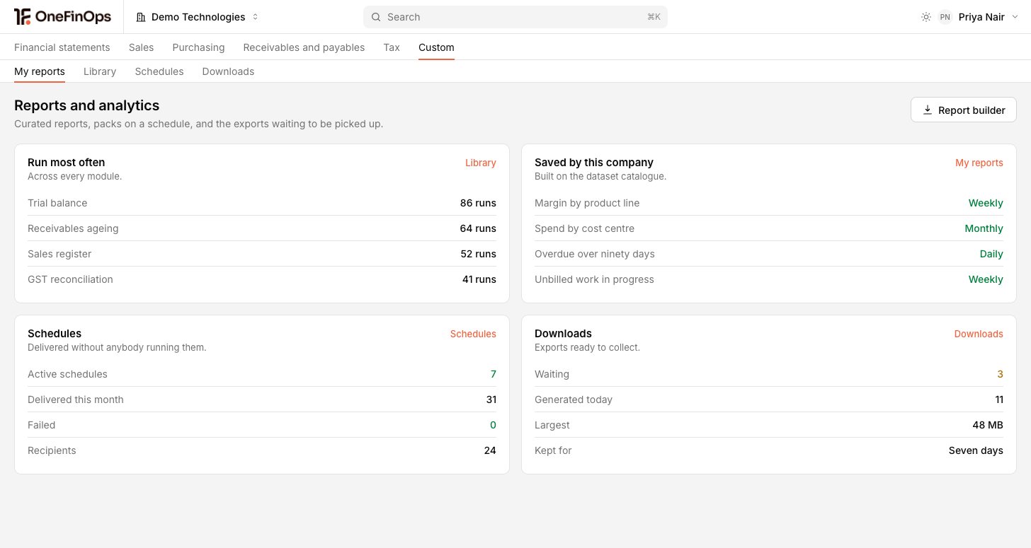 The curated report library across sales, purchases and tax