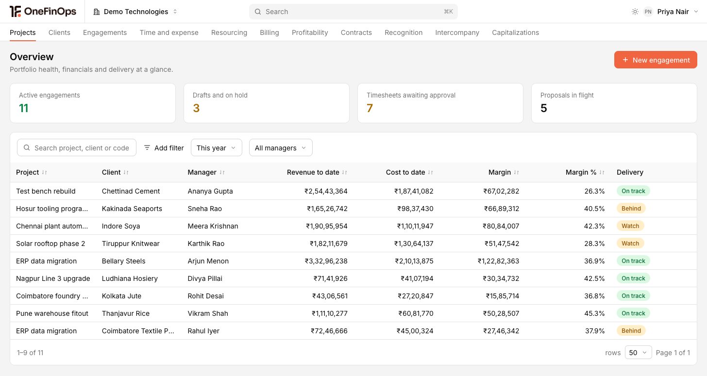 OneFinOps Projects: engagements, blended margin, unbilled work in progress
