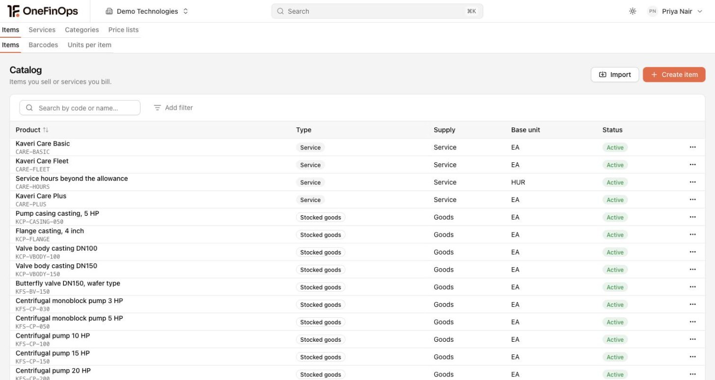 The item and service catalogue with prices and status
