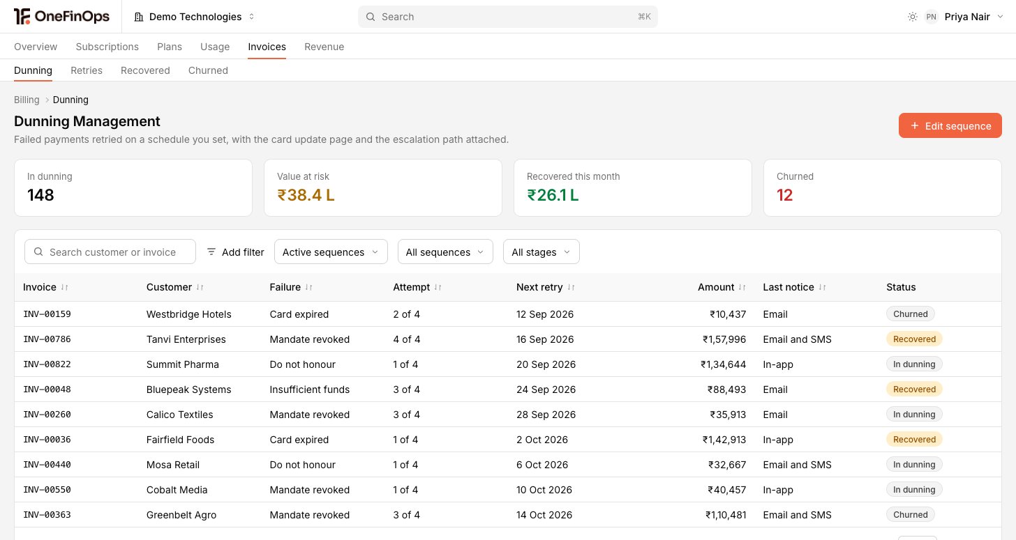 Failed payments retried on a schedule you set, with the card update page and the escalation path attached